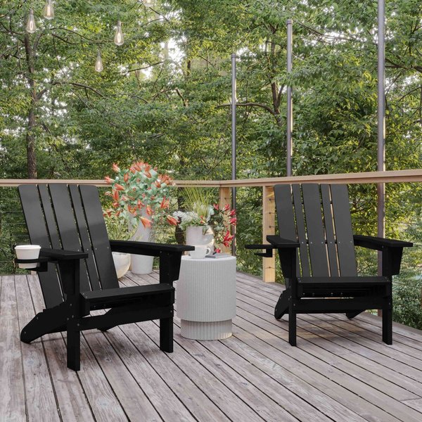 Flash Furniture Black Adirondack Patio Chairs with Cupholder, 2PK 2-LE-HMP-1045-10-BK-GG